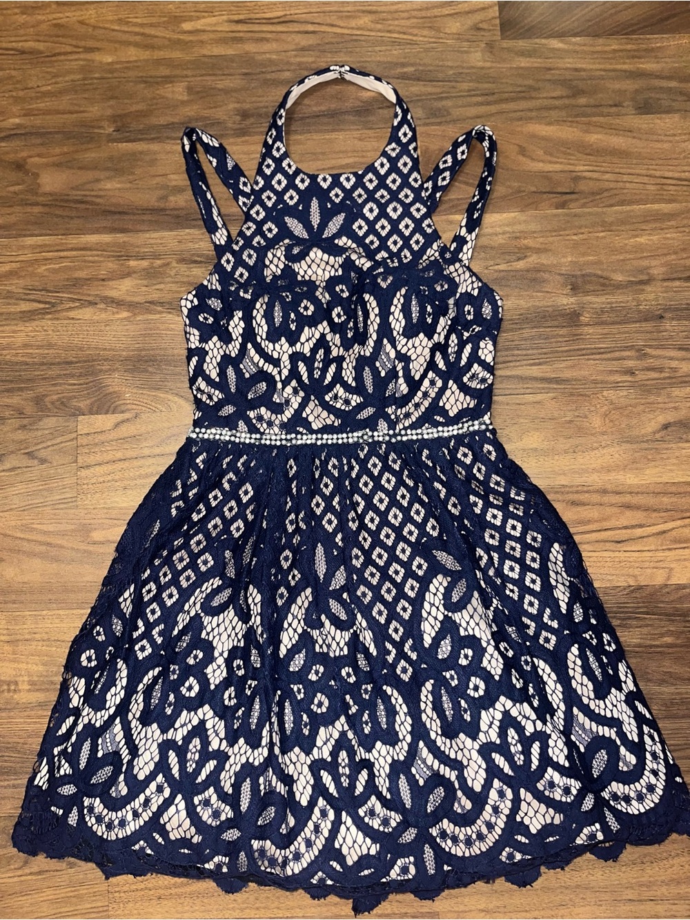 Jodi Kristopher Navy Blue Lace Fit & Flare Homecoming Dress Size 3